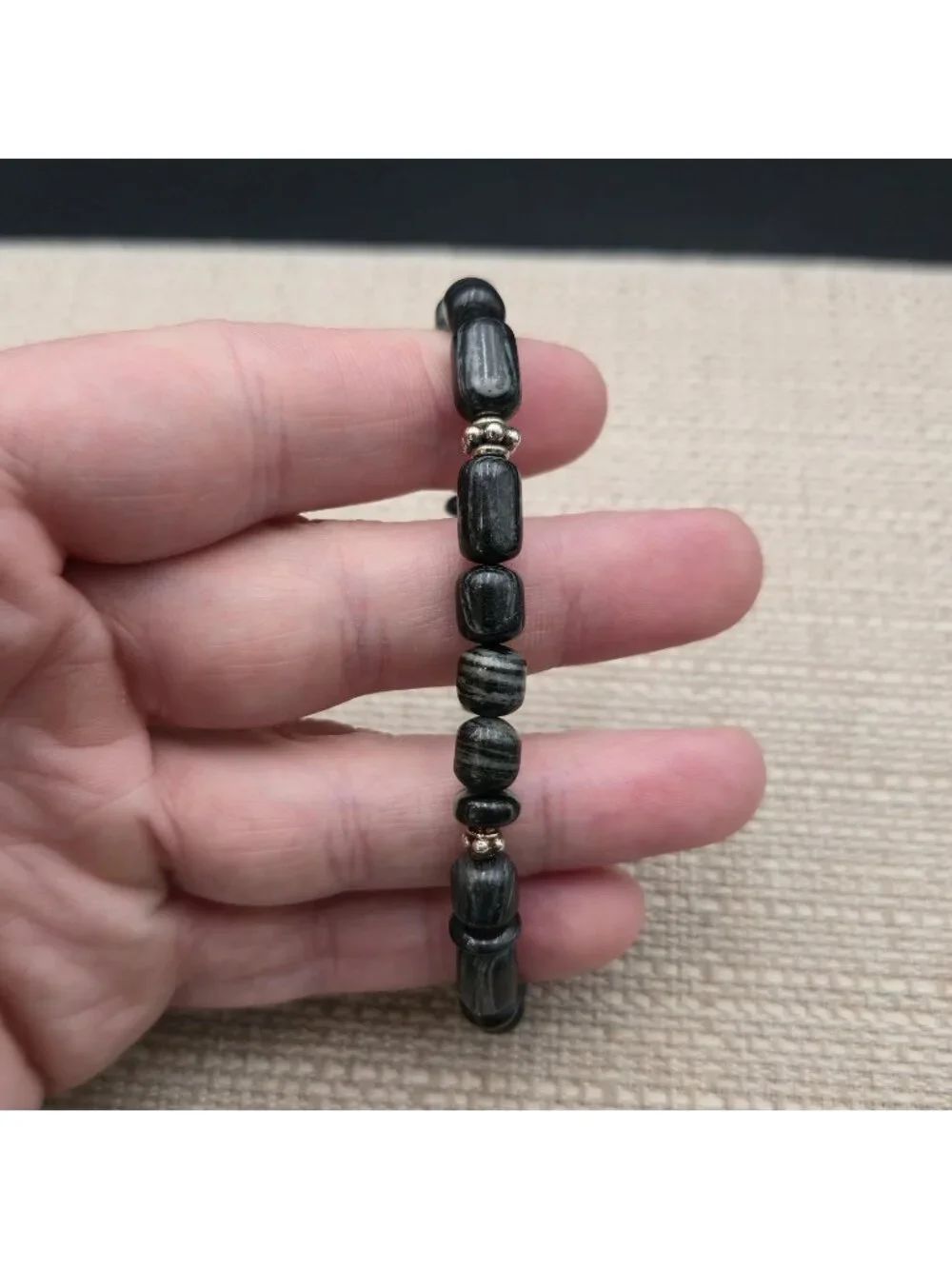 7 Inch Sterling Silver Black Striped Agate Gemstone Beaded Bracelet B1460